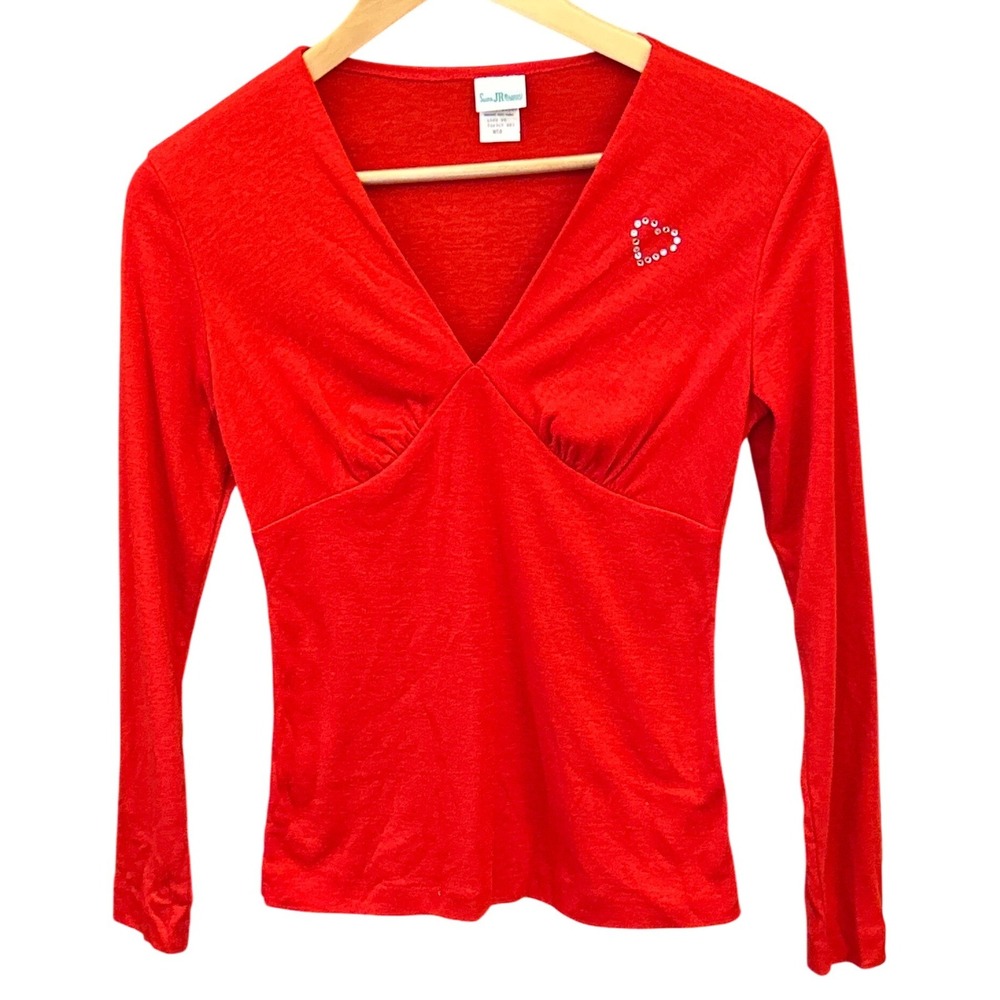 Vintage Sears JR Bazaar V-Neck Top 70s Coquette Romantic Heart Rhinestone Red